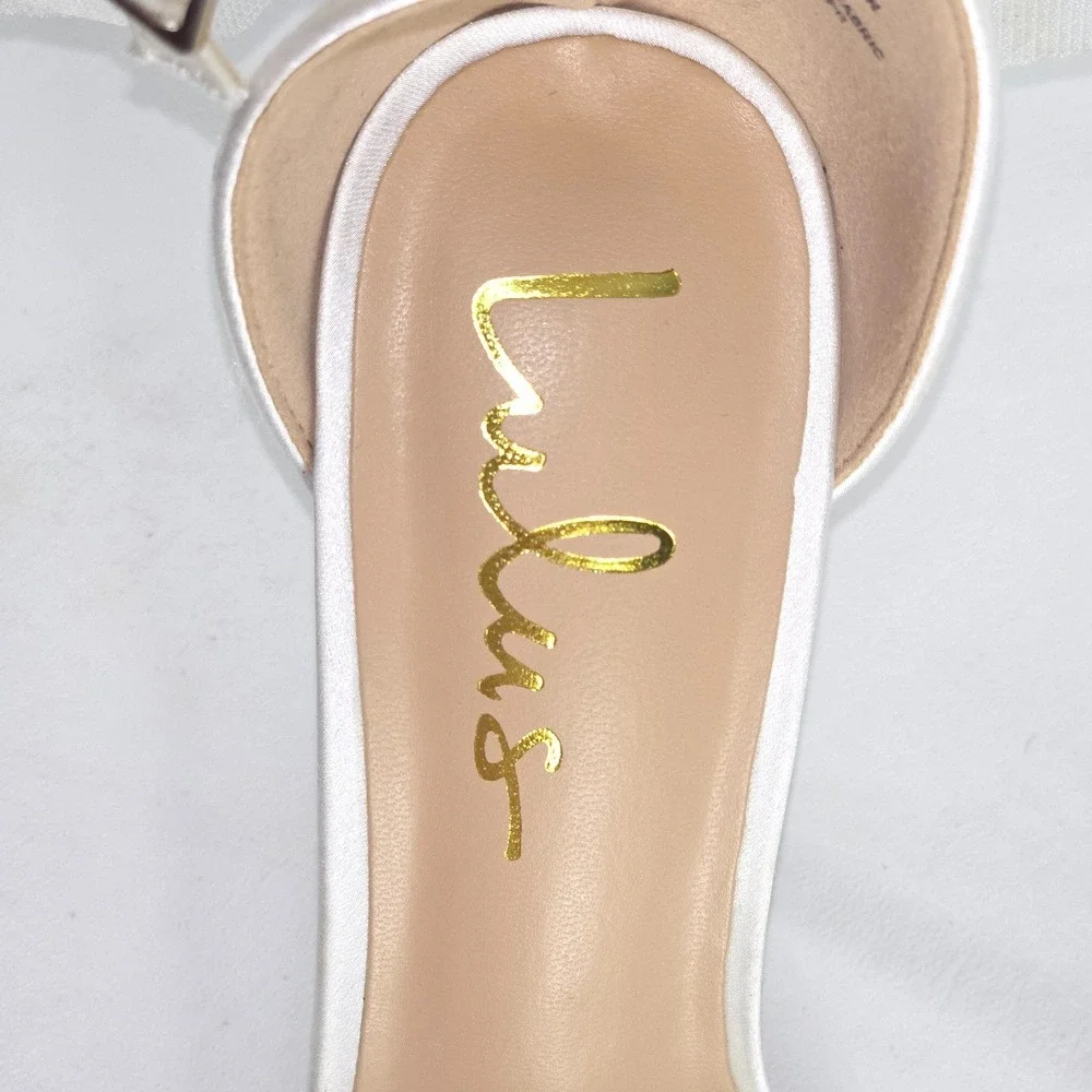 Lulu's Ayanna Satin Bow Ankle Strap Heels Womens 7.5 White Sandals Wedding Shoes